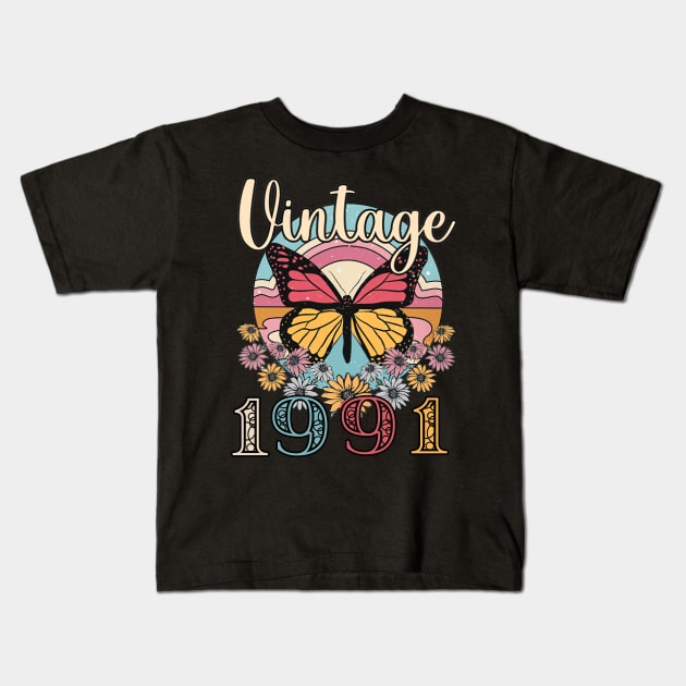 Floral Butterfly Retro Vintage 1991 32nd Birthday Kids T-Shirt by nakaahikithuy